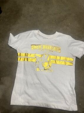 True Religion White Tee with Metallic Gold Logo and Stripes